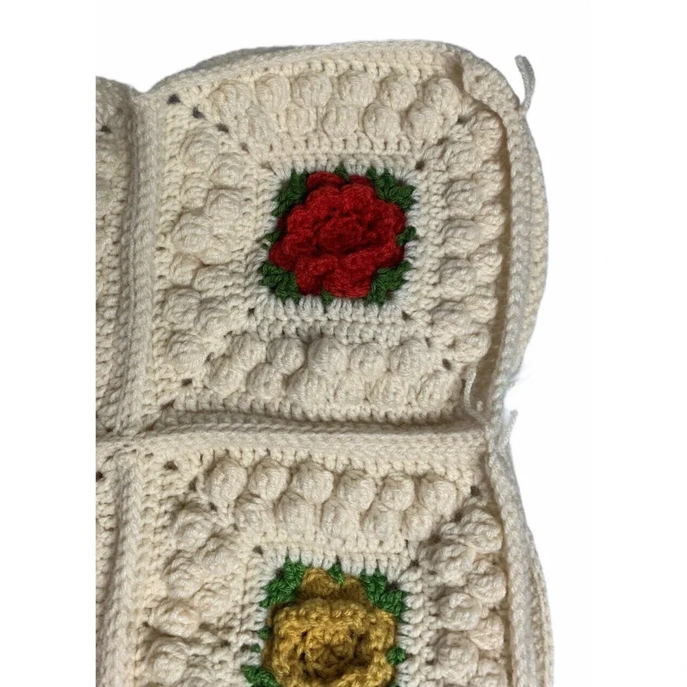 Handmade‎ Granny Square Afghan Throw Blanket Hand Crochet 3D Flowers 51
